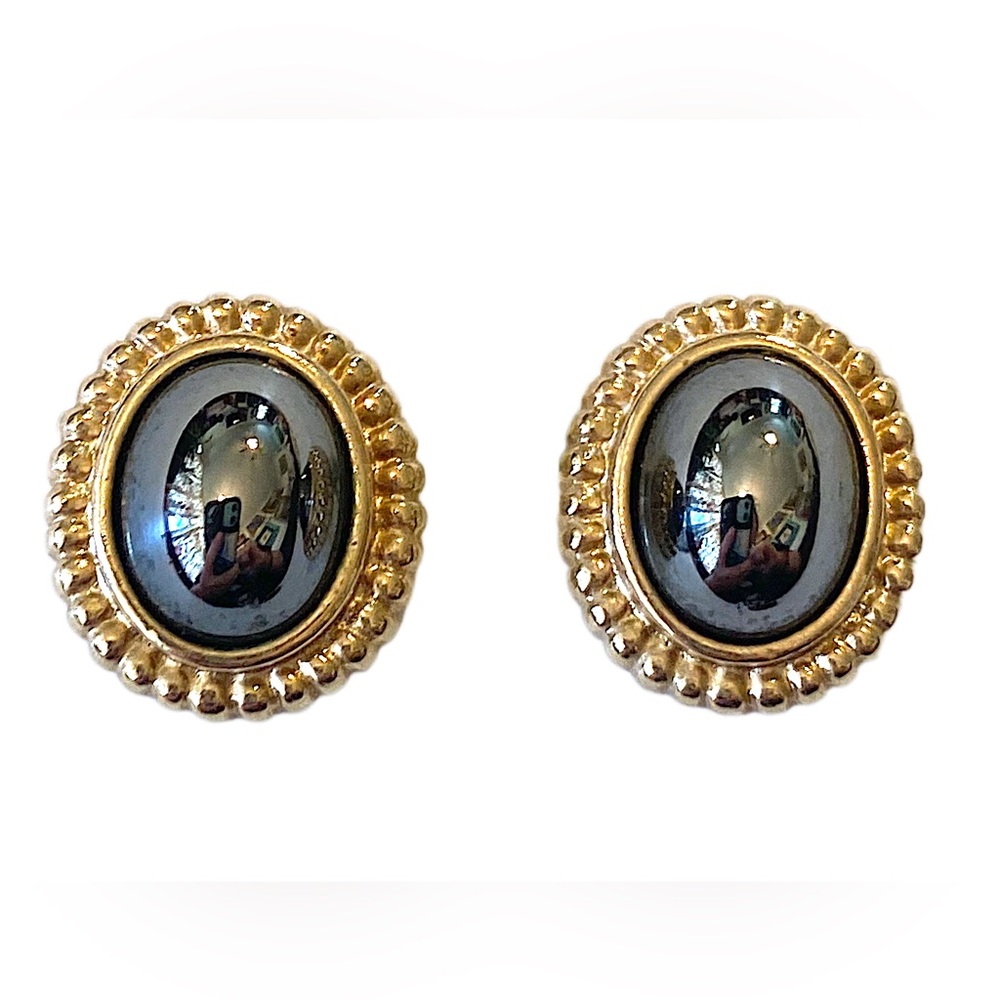 LOUIS FERARD Signed Hematite Gold Earrings Posts Vintage